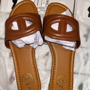 Women's Tan Slide Sandals with Cutout Leather Strap